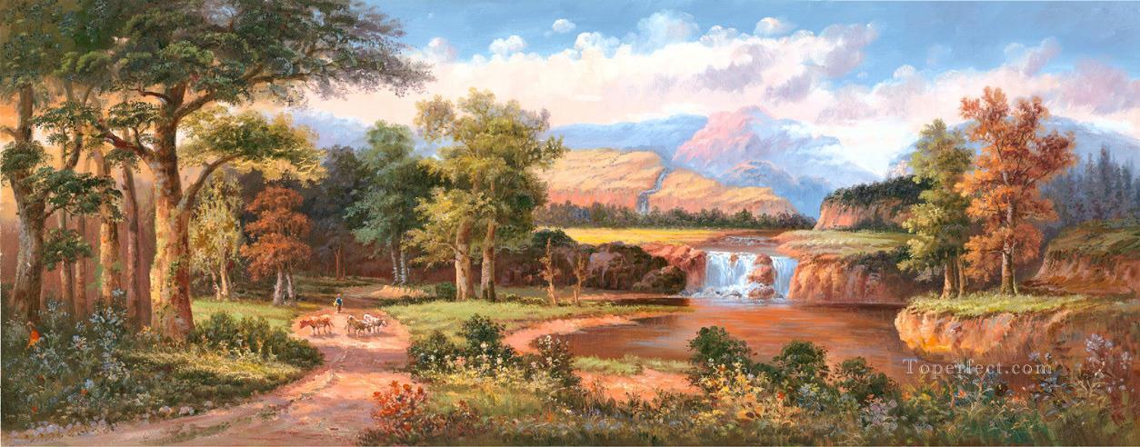 風景 滝の風景 牛 牛飼い 0 983 湖の風景油絵